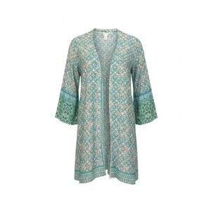 Chicos‎ Kimono Cardigan Jacket Boho Paisley Print Teal Peach Size 2 L/XL
